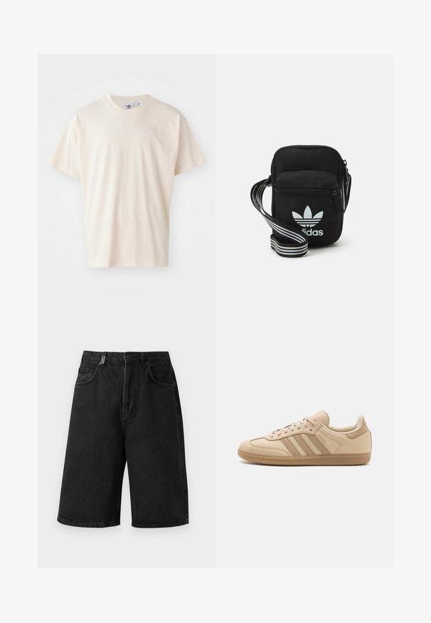 Kremowa bawełniana koszulka z okrągłym dekoltem i krótkimi rękawami; posiada małe, jasne logo na piersi.; Czarne szorty dżinsowe o luźnym kroju, średnim stanie, pięciu kieszeniach i szlufkach na pasek. Tkanina ma gładką teksturę i subtelne detale w szyciu.; Beżowe skórzane sneakersy z trzema poziomymi paskami, okrągłym noskiem, płaską brązową gumową podeszwą oraz miękkim materiałowym wykończeniem na kołnierzu i języku.; Czarna torba crossbody wykonana z materiału, z zamknięciem na zamek błyskawiczny, z białym logo Adidas oraz regulowanym paskiem w paski, co ułatwia noszenie.