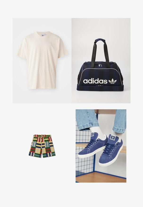 Cremfarbene Baumwoll-T-Shirt mit rundem Halsauschnitt und kurzen Ärmeln; verfügt über ein kleines, helles Logo auf der Brust.; Thinking Mu HENRY - Jogginghose - pale yellow; Marineblaue Adidas Sneakers aus Wildleder mit weißen Gummisohlen, runden Zehen und einem Logopatch auf der Zunge. Helle weiße Socken sind sichtbar.; Navy Duffelbag mit weißem Adidas-Logo, ausgestattet mit einem Reißverschluss oben, zwei robusten schwarzen Griffen und seitlichen Netztaschen. Glatte Stoffoberfläche.