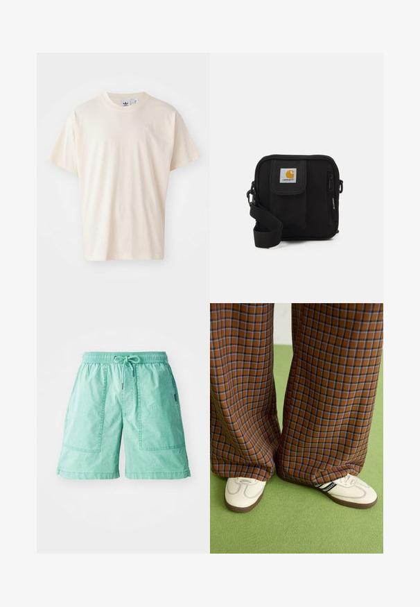 Krém színű pamut póló kerek nyakkal és rövid ujjakkal; a mellrészen egy kis, világos színű logó található.; Mentazöld, könnyű anyagból készült nadrág, elasztikus derékkal, húzózsinórral és két, varrott díszítéssel ellátott oldalsó zsebbel.; Barna és kék kockás, bőrt lábú nadrág, fehér cipővel, fekete részletekkel és texturált talppal, zöld háttér előtt.; Fekete keresztbody táska cipzáras főrekesszel, elülső zsebbel, állítható pánttal és látható logóval a fedélen.