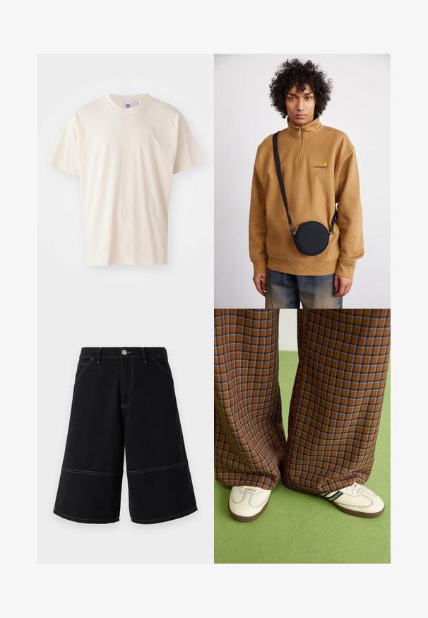 T-shirt in cotone crema con scollatura rotonda e maniche corte; presenta un piccolo logo chiaro sul petto.; Shorts in denim nero con un design a gamba larga, caratterizzati da cuciture gialle a contrasto e tasche frontali. Il tessuto ha una consistenza liscia e resistente.; Pantaloni a pieghe larghi a quadri marroni e blu abbinati a scarpe bianche con dettagli neri e suole testurizzate, posizionati su uno sfondo verde.; Felpa in pile marrone con zip a quarto e logo ricamato, abbinata a una borsa a tracolla rotonda nera con zip e dettagli del logo, indossata sopra dei jeans.