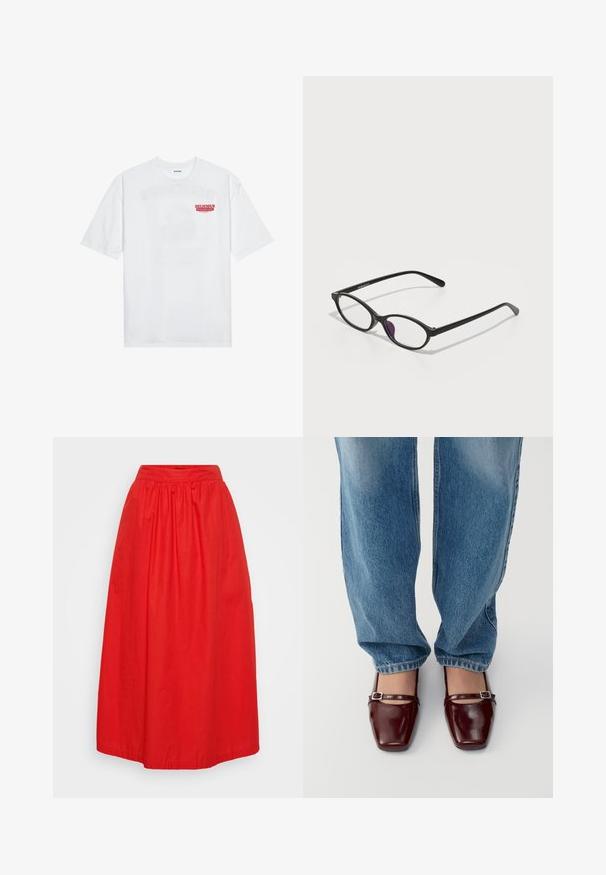 Fehér pamut póló, rövid ujjakkal, kerek nyakkal, elöl piros grafikus felirattal: "ÍZLETES FRESKÉLŐ GYÜMÖLCS".; Piros, bokaig érő szoknya könnyű anyagból. Ráncolt, gumis derékkal és sima, díszítés nélküli felülettel rendelkezik.; Burgundi színű lakkbőr cipők, négyzetes orral és bokapánttal, világoskék, laza szabású farmernadrággal párosítva. A cipők fényes bevonattal rendelkeznek.; Fekete műanyag szemüveg ovális formával, átlátszó lencsékkel és egy lila akcentussal a bal lencsén. Stílusos, minimalista dizájn.