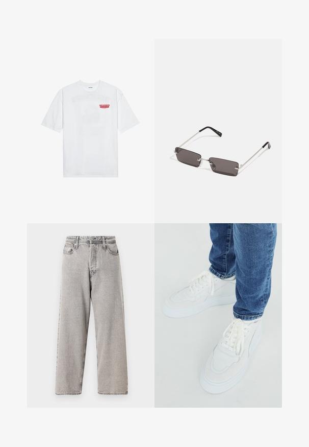 Fehér pamut póló, rövid ujjakkal, kerek nyakkal, elöl piros grafikus felirattal: "ÍZLETES FRESKÉLŐ GYÜMÖLCS".; Széles lábú szürke farmernadrág elhalványult mosással, öt zsebbel, övhurkokkal és kontrasztos varrással. Sima textúra és egyenes szabás.; Fehér sportcipő sima bőr és nubuk díszítéssel, kerek orral, vastag fehér talppal és lapos, keresztbe tett fűzőkkel; kék farmernadrággal viselve.; Napszemüveg téglalap alakú, sötétszürke lencsékkel, ezüstszínű fémkerettel és fekete műanyag végű szárakkal. Könnyű kivitel, orrpárnákkal.