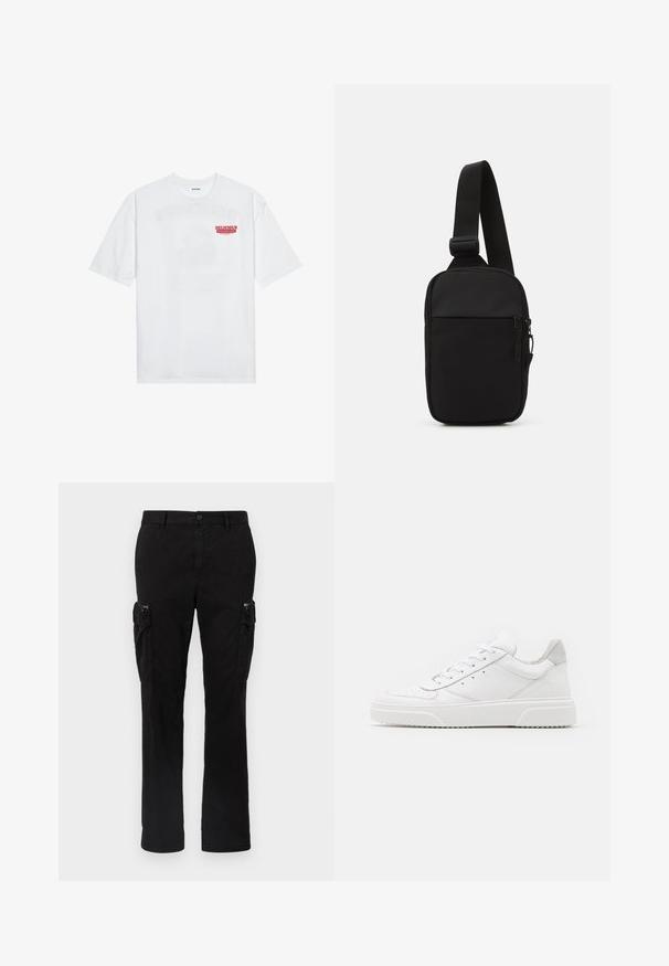 Bela bomba majica iz bombaža z kratkimi rokavi, krožno ovratnikom in rdečim grafičnim besedilom "OKUSNO OSVEŽILNO SADJE" na sprednji strani.; Črne cargo hlače iz bombaža, ki imajo dve stranski žepki, ravno krojeno obliko in vidne šive na šivih.; Bele usnjene športne copate z gladkim zaključkom, okroglo konico, ravnimi vezalkami in teksturiranim podplatom. Sivi semiš detajl na peti.; Črna torba za čez ramo, izdelana iz trpežnega materiala, z enim nastavljivim trakom, z glavnim predalom na zadrgo in sprednjim žepom.