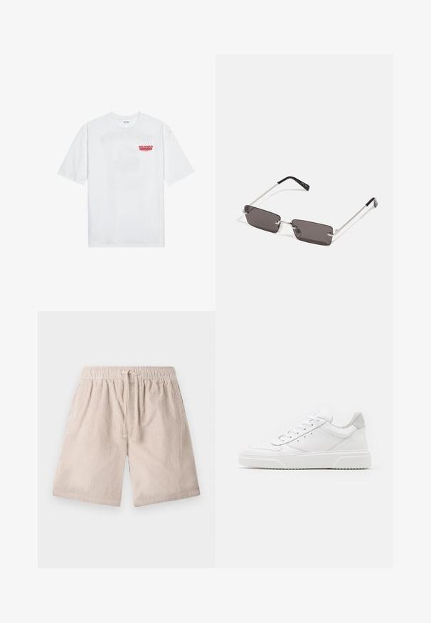 Camiseta de algodón blanca con mangas cortas, cuello redondo y un texto gráfico rojo que dice "FRUTA DELICIOSA Y REFRESCANTE" en la parte frontal.; Pantalones cortos de pana beige con cintura elástica y cordón, que presentan textura de canalé vertical y bolsillos laterales.; Zapatillas de cuero blanca con un acabado suave, punta redondeada, cordones planos y una suela texturada. Acento de ante gris en el talón.; Gafas de sol con lentes rectangulares de color gris oscuro, montura de metal plateado y puntas de plástico negro en las patillas. Diseño ligero con almohadillas nasales.