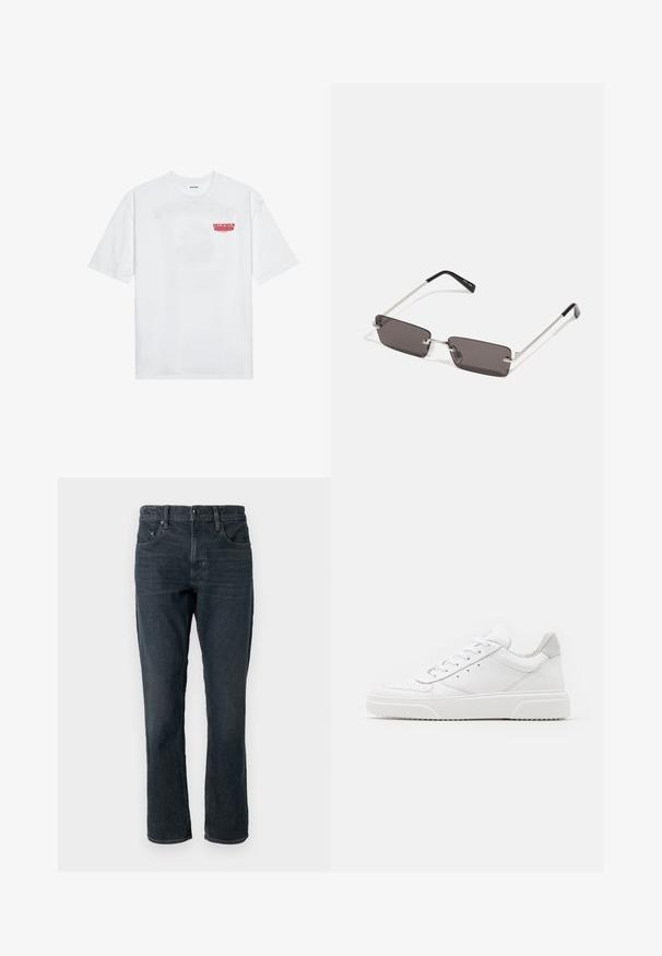 Bela bomba majica iz bombaža z kratkimi rokavi, krožno ovratnikom in rdečim grafičnim besedilom "OKUSNO OSVEŽILNO SADJE" na sprednji strani.; Temno modri kavbojki s ravnim krojem, s petimi žepi in gumbom za zapiranje. Imajo diskretno zbledelost in kontrastno šivanje.; Bele usnjene športne copate z gladkim zaključkom, okroglo konico, ravnimi vezalkami in teksturiranim podplatom. Sivi semiš detajl na peti.; Očala za sonce s pravokotnimi, temno sivimi lečami, srebrnimi kovinskimi okvirji in črnimi plastičnimi konicami na ročajih. Lahka zasnova z nosnimi blazinicami.