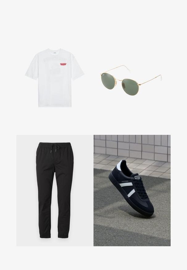 Biele bavlnené tričko s krátkymi rukávmi, okrúhlym výstrihom a červeným grafickým textom "CHUTNÉ OSVIEŽUJÚCE OVOCIE" na prednej strane.; Čierne jogger nohavice s elastickým pásom, sťahovacími šnúrkami a manžetami na členkoch. Vyrobené z hladkej, ľahkej látky.; Čierne kožené tenisky s bielymi pruhmi, textúrovanou gumovou podrážkou a šnurovaním vpredu. Obsahujú označenie značky na jazyku.; Slnečné okuliare s zlatým kovovým rámom a zelenými šošovkami, okrúhly tvar, tenké nožičky a biele plastové akcenty na koncoch ramien.