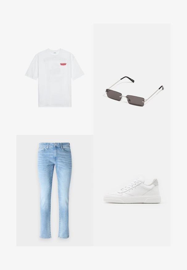 Hvit bomull t-skjorte med korte ermer, rund hals og en rød grafisk tekst "DELICIOUS REFRESHING FRUIT" foran.; Lyseblå denimjeans med slim fit, fem-lomme-design og subtile falmede detaljer, med en klassisk rett benstandard og knappeåpning.; Hvite skinnsko med en glat overflate, rund tå, flate lisser og teksturert såle. Grå semsket innfelt ved hælen.; Solbriller med rektangulære, mørkegrå linser, sølvfargede metallrammer og svarte plasttupper på armene. Lett design med nesepuder.