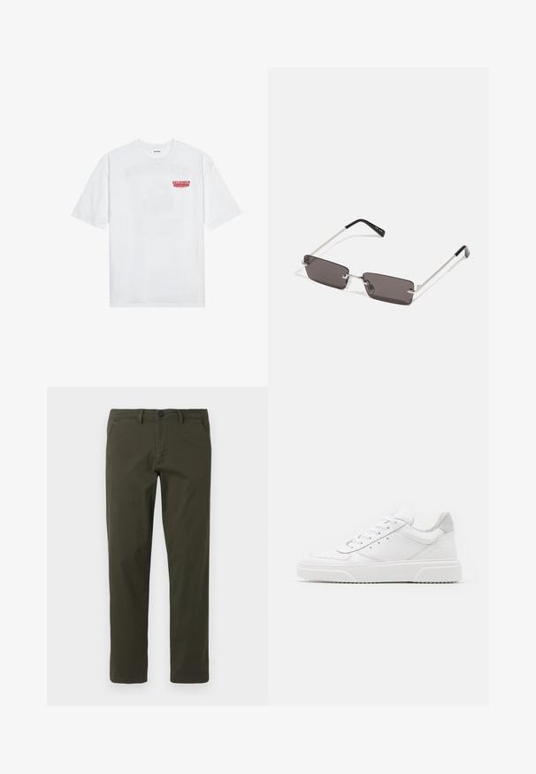 Balta kokvilnas T-kreklu ar īsām piedurknēm, apaļu kakla izgriezumu un sarkanu grafisku tekstu "GARDI ATSPIRDZINOŠI AUGĻI" priekšpusē.; Olive zaļas, taisna stila bikses, izgatavotas no kokvilnas un sintētisko šķiedru maisījuma. Aprīkotas ar zīmuļa aizdari, jostas cilpām un divām sānu kabatām. Gluda tekstūra.; Baltie ādas sporta apavi ar gludu virsmu, noapaļotu purngalu, plakaniem šņorēm un reljefa zoli. Pelēks zamšādas akcenti pie papēža.; Saulesbrilles ar taisnstūra formas, tumši pelēkiem stikliem, sudraba metāla rāmjiem un melnām plastikāta galviņām uz kājiņām. Viegls dizains ar deguna spilventiņiem.