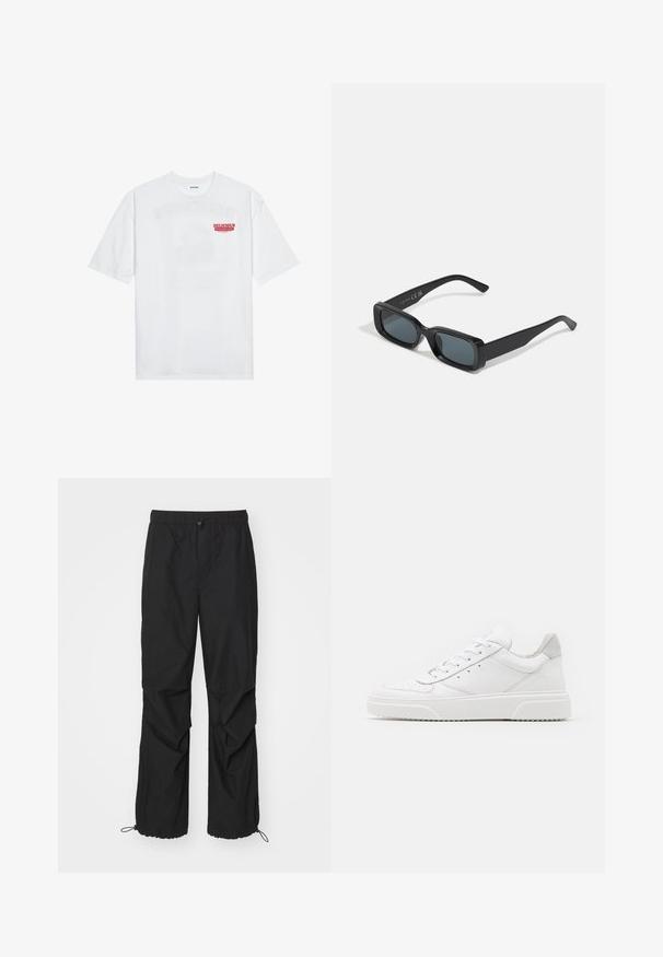 Balta kokvilnas T-kreklu ar īsām piedurknēm, apaļu kakla izgriezumu un sarkanu grafisku tekstu "GARDI ATSPIRDZINOŠI AUGĻI" priekšpusē.; Melni, viegli skriešanas bikses ar elastīgu jostu, ar rāvējslēdzēja akcentiem un regulējamiem bikšu galiem; tām ir brīvs piegriezums un gluda tekstūra.; Baltie ādas sporta apavi ar gludu virsmu, noapaļotu purngalu, plakaniem šņorēm un reljefa zoli. Pelēks zamšādas akcenti pie papēža.; Melnas taisnstūra saulesbrilles ar tumšiem stikliem. Glancēta kārba, taisnas rokas ar vieglu izliekumu. Minimalistisks dizains, bez rotājumiem.