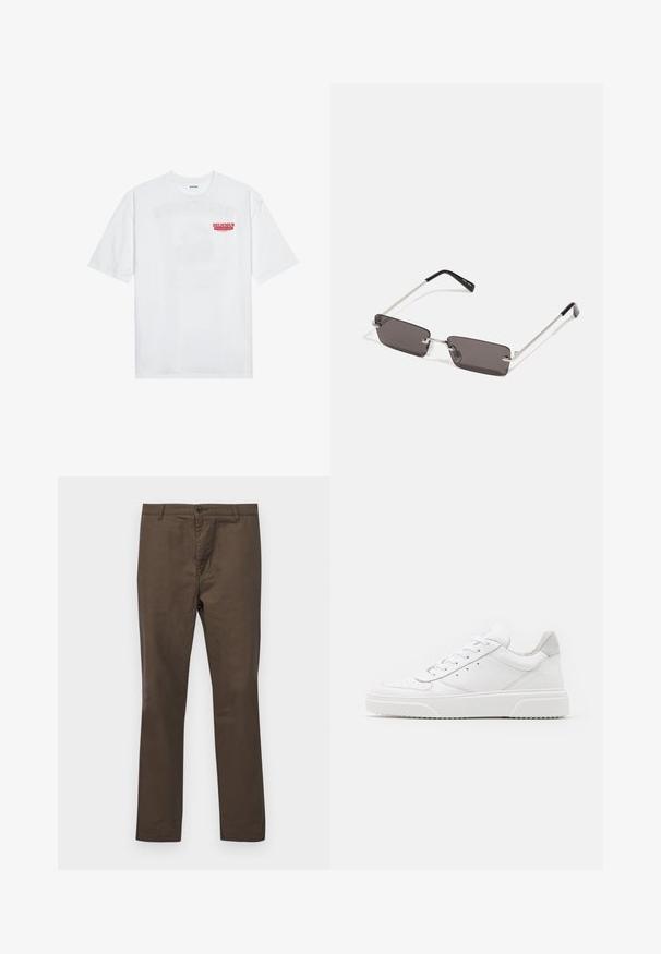 T-shirt en coton blanc avec des manches courtes, col rond et un texte graphique rouge "FRUIT RAFRAÎCHISSANT DÉLICIEUX" à l'avant.; Pantalons en coton marron au design à jambe droite, avec une fermeture à bouton et des passants de ceinture, texture lisse sans motifs ni accents.; Des baskets en cuir blanc avec une finition lisse, un bout rond, des lacets plats et une semelle texturée. Accents en daim gris au niveau du talon.; Lunettes de soleil avec des verres rectangulaires gris foncé, des montures en métal argenté et des embouts en plastique noir sur les branches. Conception légère avec des plaquettes de nez.