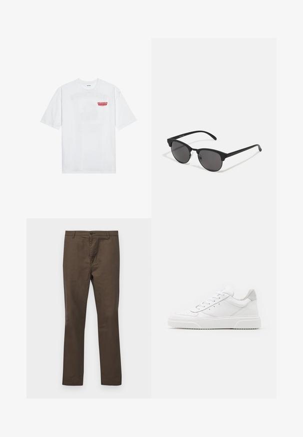 White cotton t-shirt featuring short sleeves, crew neck, and a red graphic text "DELICIOUS REFRESHING FRUIT" on the front.; Brown cotton trousers with a straight-leg design, featuring a button closure and belt loops, smooth texture without patterns or accents.; White leather sneakers with a smooth finish, rounded toe, flat laces, and a textured sole. Grey suede accent at the heel.; Black sunglasses with round lenses, matte finish, and distinctive cat-eye shape. Slim arms with subtle branding on the left temple.