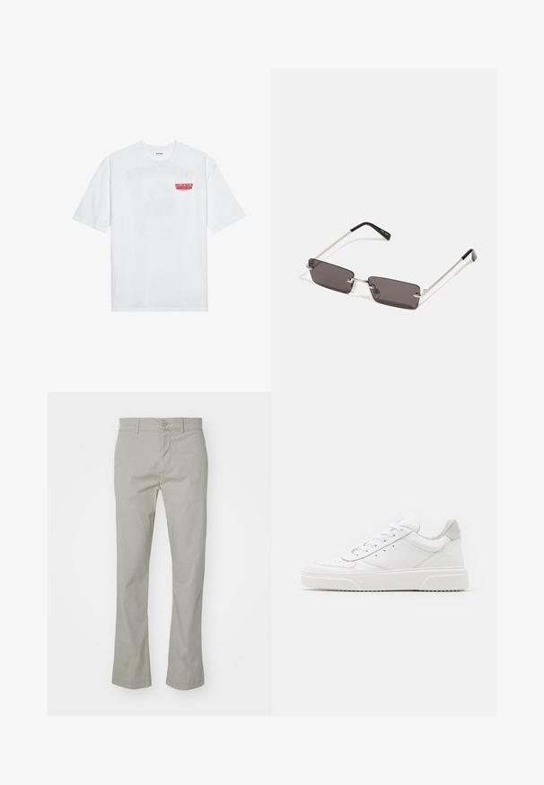 Balta kokvilnas T-kreklu ar īsām piedurknēm, apaļu kakla izgriezumu un sarkanu grafisku tekstu "GARDI ATSPIRDZINOŠI AUGĻI" priekšpusē.; Gaiši pelēki kokvilnas chinos ar taisnu kāju dizainu, ar rāvējslēdzēju un pogu aizdari, kā arī priekšējām kabatām. Gluda tekstūra ar apdari gar malām.; Baltie ādas sporta apavi ar gludu virsmu, noapaļotu purngalu, plakaniem šņorēm un reljefa zoli. Pelēks zamšādas akcenti pie papēža.; Saulesbrilles ar taisnstūra formas, tumši pelēkiem stikliem, sudraba metāla rāmjiem un melnām plastikāta galviņām uz kājiņām. Viegls dizains ar deguna spilventiņiem.