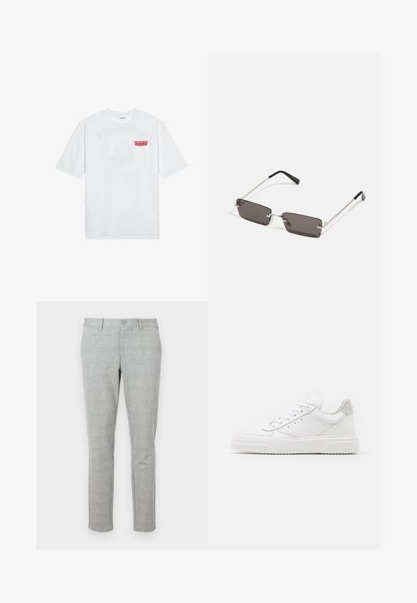 T-shirt en coton blanc avec des manches courtes, col rond et un texte graphique rouge "FRUIT RAFRAÎCHISSANT DÉLICIEUX" à l'avant.; Pantalon de costume gris slim-fit en tissu texturé. Équipé d'une taille standard avec fermeture à bouton et poches latérales.; Des baskets en cuir blanc avec une finition lisse, un bout rond, des lacets plats et une semelle texturée. Accents en daim gris au niveau du talon.; Lunettes de soleil avec des verres rectangulaires gris foncé, des montures en métal argenté et des embouts en plastique noir sur les branches. Conception légère avec des plaquettes de nez.