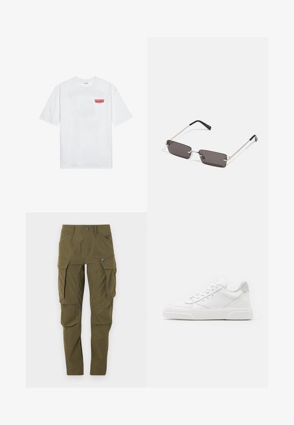 White cotton t-shirt featuring short sleeves, crew neck, and a red graphic text "DELICIOUS REFRESHING FRUIT" on the front.; Olive green cargo pants made from lightweight fabric, featuring multiple large pockets, a zip pocket, and a straight-leg design.; White leather sneakers with a smooth finish, rounded toe, flat laces, and a textured sole. Grey suede accent at the heel.; Sunglasses with rectangular, dark grey lenses, silver metal frames, and black plastic tips on the arms. Lightweight design with nose pads.