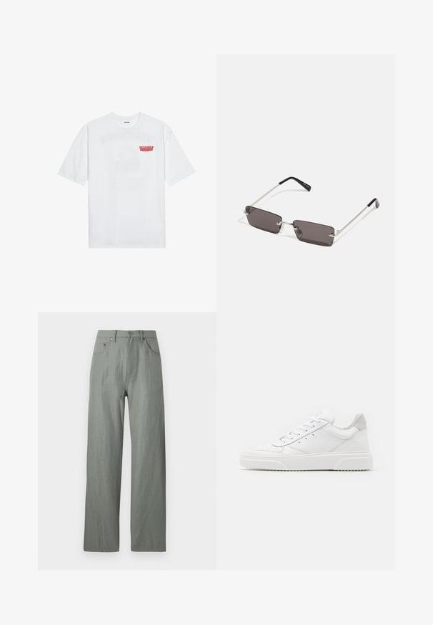 Tricou alb din bumbac, cu mâneci scurte, guler rotund și un text grafic roșu "FRUCTE DELICIOASE ȘI RACORITOARE" pe față.; Pantaloni largi de culoare verde deschis, fabricați dintr-un material moale și texturat. Caracteristici includ o închidere cu nasture în față și cinci buzunare.; Adidași din piele albă cu un finisaj neted, vârf rotunjit, șireturi plate și o talpă texturată. Accente din piele întoarsă gri la călcâi.; Ochelari de soare cu lentile dreptunghiulare, gri închis, rame din metal argintiu și vârfuri din plastic negru pe brațe. Design ușor, cu pad-uri pentru nas.