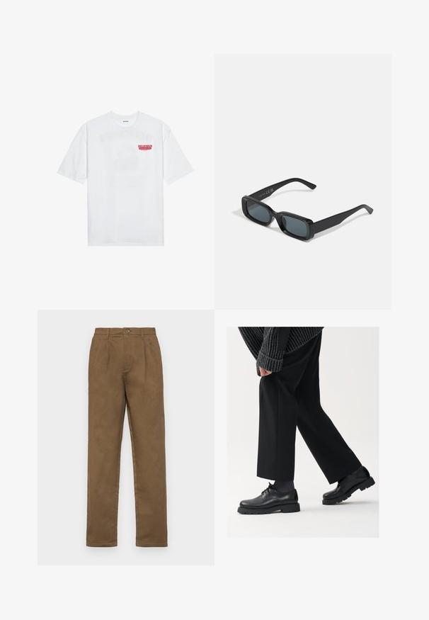 Bílý bavlněný tričko s krátkým rukávem a kulatým výstřihem, na přední straně s červeným grafickým textem "VYNIKAJÍCÍ OSVĚŽUJÍCÍ OVOCNÝ".; Hnědé bavlněné kalhoty s rovný fit, mají jediné zapínání na knoflík, poutka na opasek a ostré sklady na přední straně.; Černé kožené boty s kulatou špičkou, šněrovací design a silnou strukturovanou podrážkou. Noseny s dobře padnoucími černými kalhotami a žebrovaným svetr.; Černé obdélníkové sluneční brýle s tmavými skly. Lesklý rám, rovné nožičky s mírným zakřivením. Minimalistický design, bez ozdob.