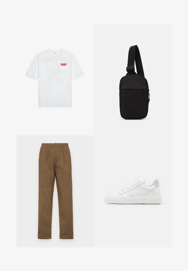 T-shirt en coton blanc avec des manches courtes, col rond et un texte graphique rouge "FRUIT RAFRAÎCHISSANT DÉLICIEUX" à l'avant.; Pantalons en coton marron avec une coupe droite, dotés d'une fermeture à un bouton, de passants de ceinture et de plis marqués à l'avant.; Des baskets en cuir blanc avec une finition lisse, un bout rond, des lacets plats et une semelle texturée. Accents en daim gris au niveau du talon.; Sac bandoulière noir en tissu durable, avec une seule sangle ajustable, un compartiment principal zippé et une poche avant.