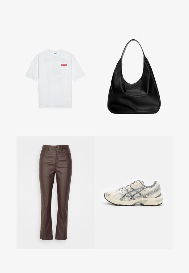 T-shirt en coton blanc avec des manches courtes, col rond et un texte graphique rouge "FRUIT RAFRAÎCHISSANT DÉLICIEUX" à l'avant.; Pantalons en faux cuir marron avec une coupe droite, dotés de cinq poches, d'une fermeture à bouton sur le devant et d'accents de couture visibles.; Baskets de course avec une tige en mesh blanc respirant, des accents argentés, des lacets gris et une semelle en caoutchouc noir durable. Design léger et rembourré.; Sac hobo en cuir noir au design décontracté, avec une large bandoulière et une texture lisse. Dispose d'une fermeture éclair unique sur le côté.