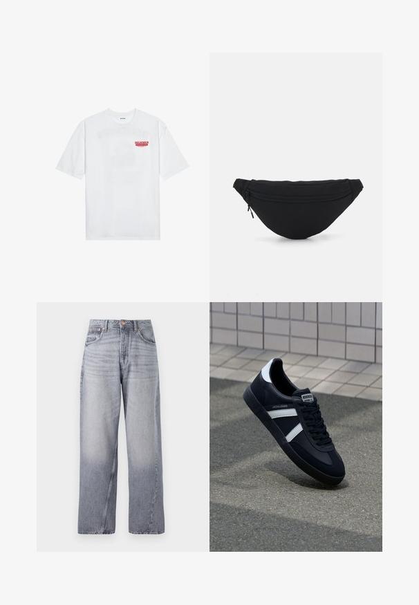 Witte katoenen t-shirt met korte mouwen, ronde hals en een rode grafische tekst "LEKKER VERFRISSEND FRUIT" aan de voorkant.; Lichtblauwe, wijde denim jeans met een vervaagde afwerking, vijf zakken en zichtbare stiksels. Voorzien van een koperen knop en ritssluiting.; Zwarte leren sneaker met witte strepen, een gestructureerde rubberen zool en vetersluiting aan de voorkant. Voorzien van een merklabel op de tong.; Zwarte stof heuptas met een afgeronde vorm, voorzak met rits en een gladde textuur. Geen zichtbare patronen of accenten. Lichtgewicht ontwerp.