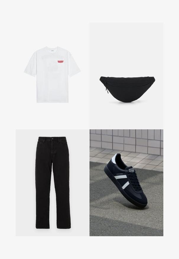 Witte katoenen t-shirt met korte mouwen, ronde hals en een rode grafische tekst "LEKKER VERFRISSEND FRUIT" aan de voorkant.; Zwarte denim jeans met een rechte pasvorm, voorzien van een knoopsluiting, riemlussen en een klassieke vijf-pocket stijl.; Zwarte leren sneaker met witte strepen, een gestructureerde rubberen zool en vetersluiting aan de voorkant. Voorzien van een merklabel op de tong.; Zwarte stof heuptas met een afgeronde vorm, voorzak met rits en een gladde textuur. Geen zichtbare patronen of accenten. Lichtgewicht ontwerp.
