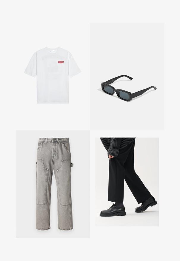 Tricou alb din bumbac, cu mâneci scurte, guler rotund și un text grafic roșu "FRUCTE DELICIOASE ȘI RACORITOARE" pe față.; Jack & Jones JJIEDDIE PAINTER - Blugi loose fit - grey denim; Pantofi din piele neagră cu vârf rotunjit, design cu şireturi şi o talpă groasă, texturată. Purtați cu pantaloni negri bine croiți și un pulover cu ripuri.; Ochelari de soare dreptunghiulari negri cu lentile închise. Rame lucioase, brațe drepte cu o ușoară curbă. Design minimal, fără embellishments.