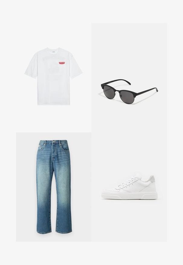 Tricou alb din bumbac, cu mâneci scurte, guler rotund și un text grafic roșu "FRUCTE DELICIOASE ȘI RACORITOARE" pe față.; Blugi din denim de culoare albastru deschis, cu picior drept, cinci buzunare, închidere frontală cu nasture și o ușoară decolorare pe întreaga țesătură.; Adidași din piele albă cu un finisaj neted, vârf rotunjit, șireturi plate și o talpă texturată. Accente din piele întoarsă gri la călcâi.; Ochelari de soare negri cu lentile rotunde, finisaj mat și o formă distinctivă de cat-eye. Brațe subțiri cu un branding subtil pe templul stâng.