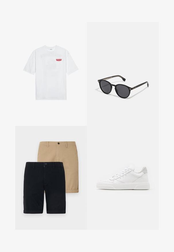 T-shirt bianco in cotone con maniche corte, collo rotondo e una grafica rossa con il testo "FRUTTA DELIZIOSA E RINFRESCANTE" sul davanti.; Due paia di pantaloni corti: uno blu navy e uno khaki. Entrambi sono realizzati in cotone, presentano una vita piatta, un orlo arrotolato e un bottone di chiusura.; Sneaker bianche in pelle con finitura liscia, punta arrotondata, lacci piatti e suola texturizzata. Accento in suede grigio sul tallone.; BOSS Occhiali da sole - black