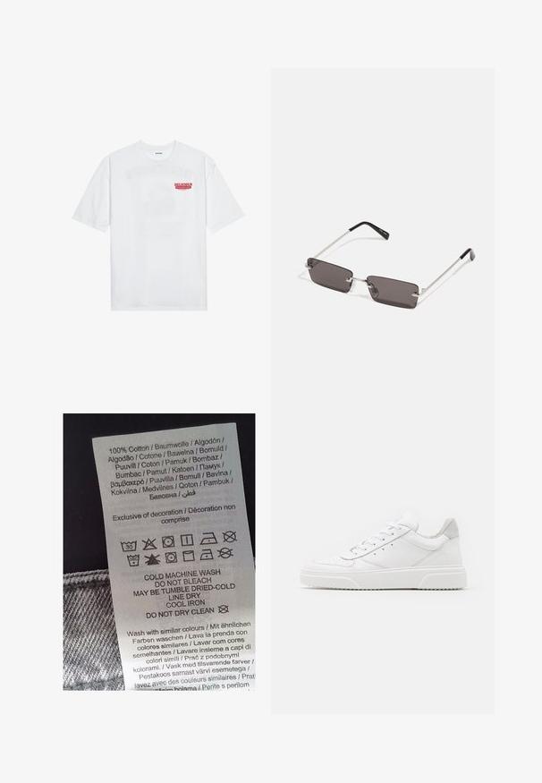Witte katoenen t-shirt met korte mouwen, ronde hals en een rode grafische tekst "LEKKER VERFRISSEND FRUIT" aan de voorkant.; Witte waslabel met zwarte tekst die wasinstructies in meerdere talen vermeldt. Bevat symbolen voor wassen, drogen en strijken. 100% katoen.; Witte leren sneakers met een gladde afwerking, ronde neus, platte veters en een gestructureerde zool. Grijze suède accent bij de hiel.; Zonnebril met rechthoekige, donkergrijze lenzen, zilveren metalen frames en zwarte kunststof uiteinden op de armen. Lichtgewicht ontwerp met neuspads.