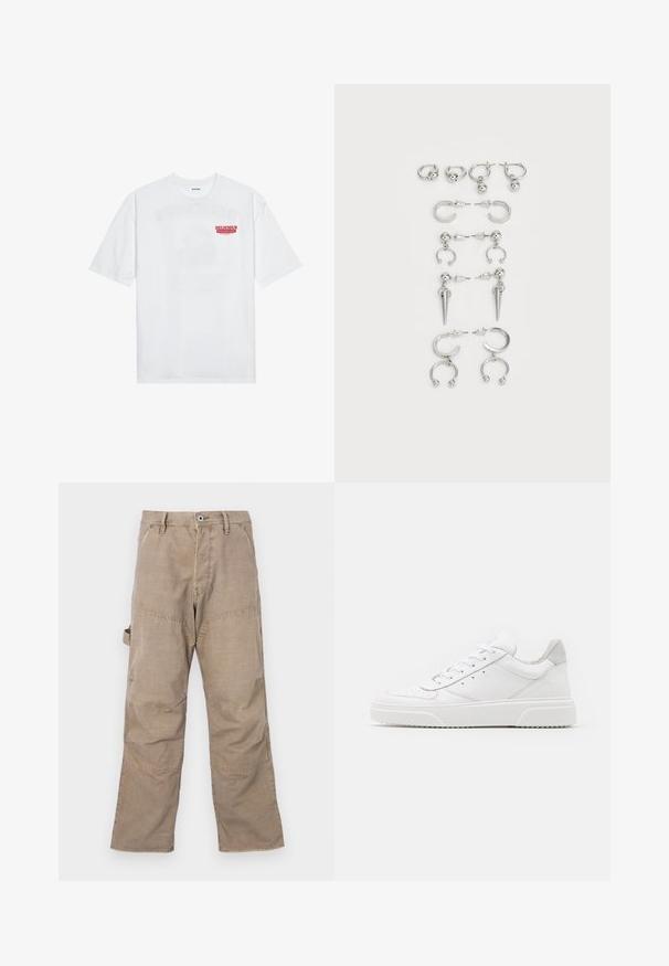 T-shirt en coton blanc avec des manches courtes, col rond et un texte graphique rouge "FRUIT RAFRAÎCHISSANT DÉLICIEUX" à l'avant.; Pantalons cargo marron avec des coutures visibles, jambes larges et quatre poches. Fabriqués en tissu robuste, avec une légère texture et une fermeture à bouton.; Des baskets en cuir blanc avec une finition lisse, un bout rond, des lacets plats et une semelle texturée. Accents en daim gris au niveau du talon.; Ensemble de boucles d'oreilles en argent présentant divers designs : créoles, puces et styles pendants, avec des accents de billes et des éléments pointus.