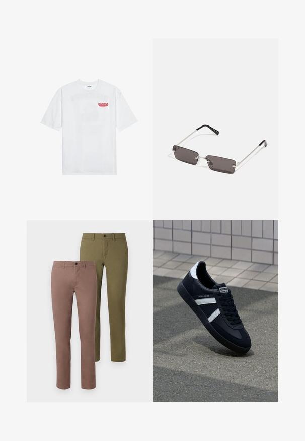 Balta kokvilnas T-kreklu ar īsām piedurknēm, apaļu kakla izgriezumu un sarkanu grafisku tekstu "GARDI ATSPIRDZINOŠI AUGĻI" priekšpusē.; Divas divas slim-fit bikses: viena zanā, otra olīvzaļā krāsā. Abām ir tīras līnijas un standarta jostas ar pogām.; Melnā ādas sporta apavi ar baltām svītrām, teksturēta gumijas zole un auklu aizdare. Iekļauj zīmola etiķeti uz mēles.; Saulesbrilles ar taisnstūra formas, tumši pelēkiem stikliem, sudraba metāla rāmjiem un melnām plastikāta galviņām uz kājiņām. Viegls dizains ar deguna spilventiņiem.