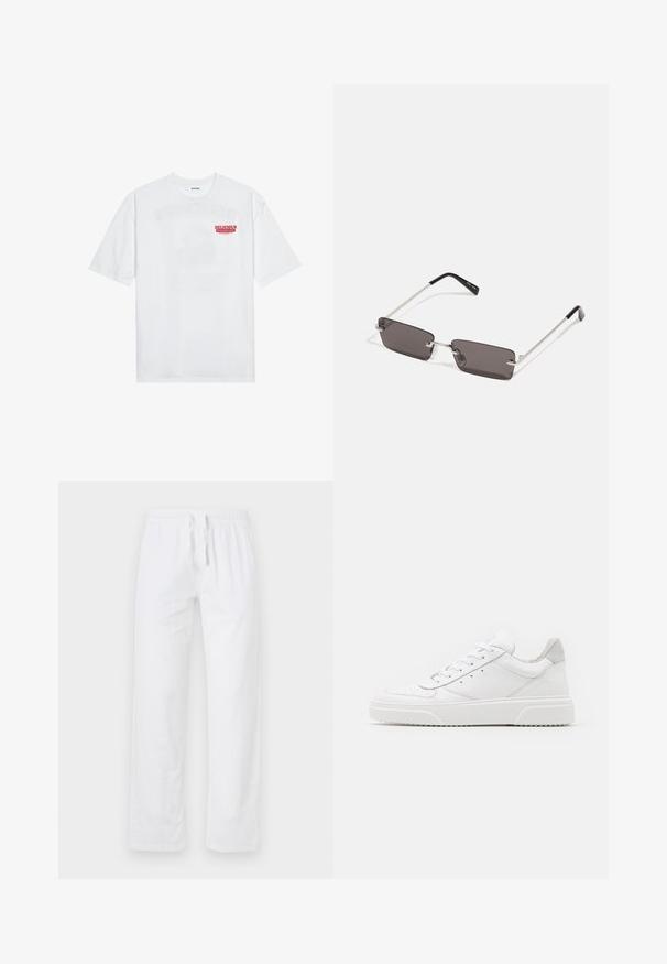 White cotton t-shirt featuring short sleeves, crew neck, and a red graphic text "DELICIOUS REFRESHING FRUIT" on the front.; White, lightweight cotton trousers with an elastic waistband and drawstring; features wide legs and a smooth, untextured surface.; White leather sneakers with a smooth finish, rounded toe, flat laces, and a textured sole. Grey suede accent at the heel.; Sunglasses with rectangular, dark grey lenses, silver metal frames, and black plastic tips on the arms. Lightweight design with nose pads.