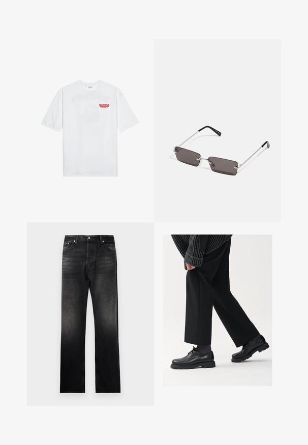 Tricou alb din bumbac, cu mâneci scurte, guler rotund și un text grafic roșu "FRUCTE DELICIOASE ȘI RACORITOARE" pe față.; Jeans negri din denim cu o croială dreaptă, având un efect de gradient estompat, design cu cinci buzunare și accente din metal.; Pantofi din piele neagră cu vârf rotunjit, design cu şireturi şi o talpă groasă, texturată. Purtați cu pantaloni negri bine croiți și un pulover cu ripuri.; Ochelari de soare cu lentile dreptunghiulare, gri închis, rame din metal argintiu și vârfuri din plastic negru pe brațe. Design ușor, cu pad-uri pentru nas.