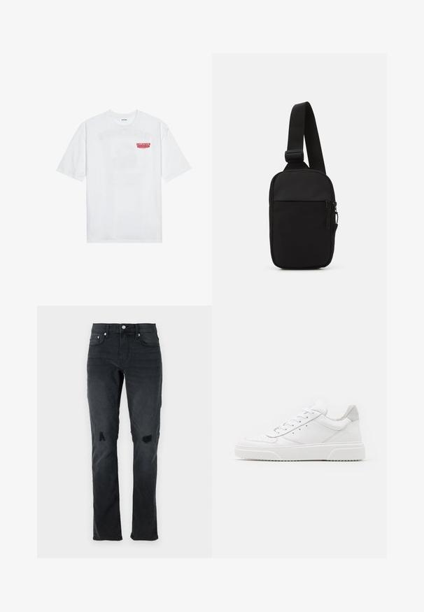 White cotton t-shirt featuring short sleeves, crew neck, and a red graphic text "DELICIOUS REFRESHING FRUIT" on the front.; Black denim jeans featuring a slim fit, subtle whiskering, two knee rips, and traditional five-pocket styling with a button closure.; White leather sneakers with a smooth finish, rounded toe, flat laces, and a textured sole. Grey suede accent at the heel.; Black crossbody bag made of durable fabric, featuring a single adjustable strap, a zippered main compartment, and a front pocket.