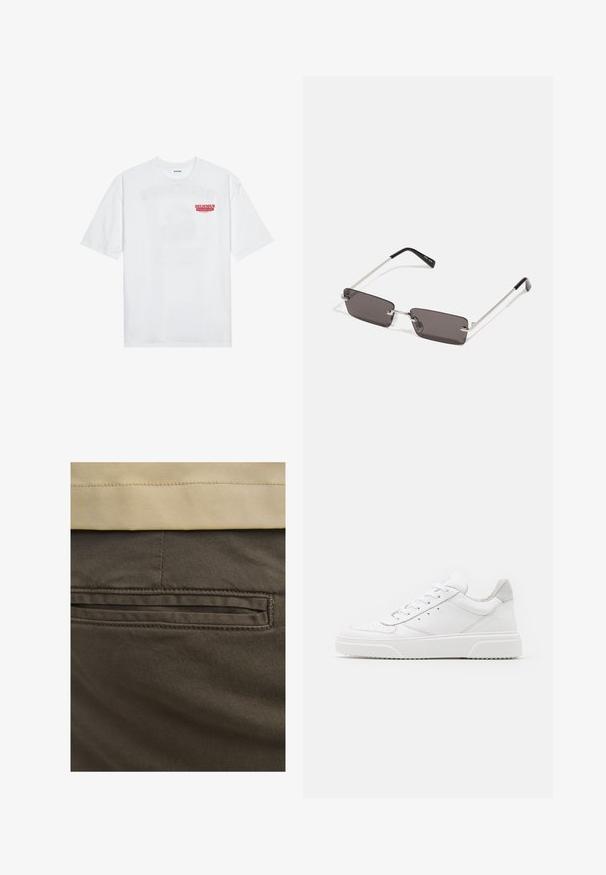 Weißes Baumwoll-T-Shirt mit kurzen Ärmeln, Rundhalsausschnitt und einem roten grafischen Text "LECKERER ERFRISCHENDER FRUCHT" auf der Vorderseite.; Braune Baumwollhosen mit sichtbarem Gesäßtaschenfeature, akzentuiert durch subtile Nähte und einer glatten Textur. Der Bund ist in einem kontrastierenden Beige.; Weiße Leder-Sneaker mit glatter Oberfläche, rundem Zehenbereich, flachen Schnürsenkeln und strukturiertem Schuhsohlen. Graues Wildleder-Detail an der Ferse.; Sonnenbrille mit rechteckigen, dunkelgrauen Gläsern, silbernen Metallrahmen und schwarzen Kunststoffenden an den Bügeln. Leichtes Design mit Nasenpads.