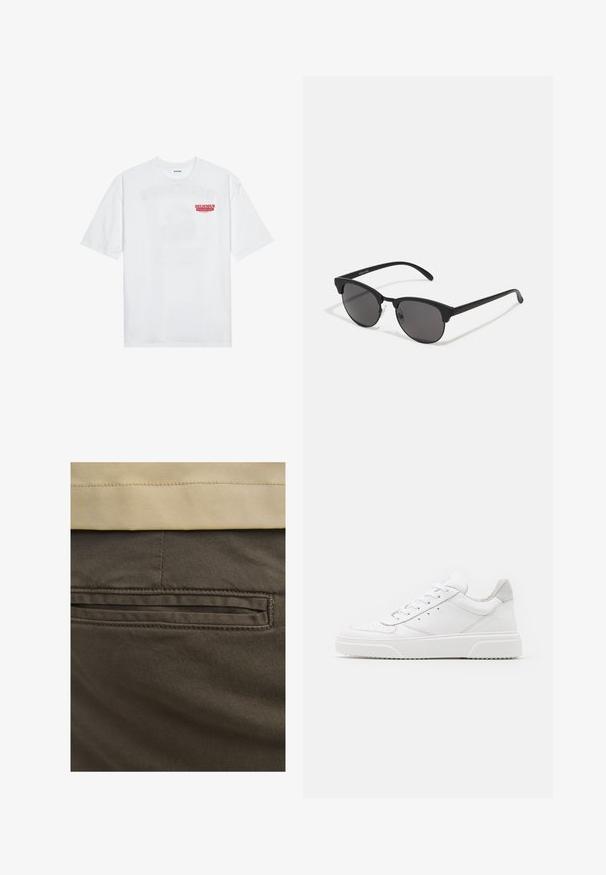 Hvid bomulds t-shirt med korte ærmer, rund hals og rød grafisk tekst "DELICIOUS REFRESHING FRUIT" på forsiden.; Brune bomuldsbukser med en synlig baglomme, prydet med diskrete syninger og en glat tekstur. Linningen har en kontrasterende beige farve.; Hvide lædersneakers med en glat finish, rund tå, flade snørebånd og en struktureret sål. Grå ruskindsdetalje ved hælen.; Sorte solbriller med runde linser, mat finish og karakteristisk katteøje-form. Slanke arme med subtil branding på venstre stel.