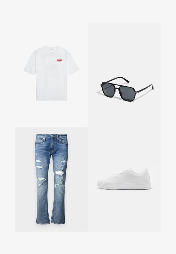 Hvit bomull t-skjorte med korte ermer, rund hals og en rød grafisk tekst "DELICIOUS REFRESHING FRUIT" foran.; Lyseblå ripped jeans med flere slitte lapper. Klokket design med en jevn tekstur og kontraststing. Metallknappelukking.; Hvite joggesko med glatt syntetisk overdel, rund tå, seks hull til snørebånd, og en lavprofil gummisåle med teksturert detalj.; Sorte solbriller med ottekantet ramme, mørke linser, blank finish, tynde stænger og guld accenter på fronten.