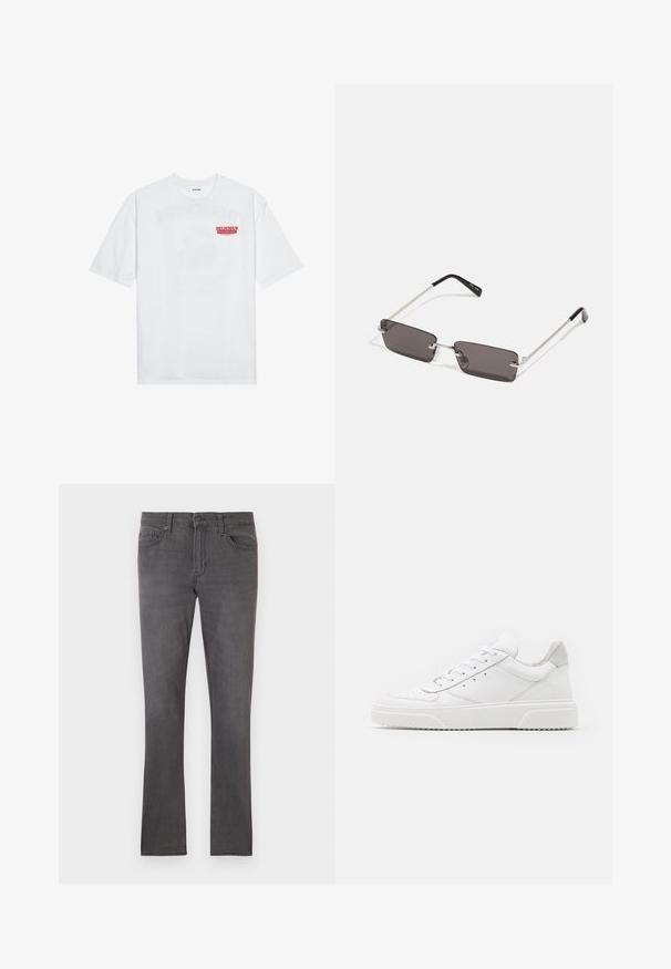 Balta kokvilnas T-kreklu ar īsām piedurknēm, apaļu kakla izgriezumu un sarkanu grafisku tekstu "GARDI ATSPIRDZINOŠI AUGĻI" priekšpusē.; Vīriešu slim-fit pelēkie džinsi ar priekšējām kabatām, jostu cilpiņām un pogu aizdari uz balta fona.; Baltie ādas sporta apavi ar gludu virsmu, noapaļotu purngalu, plakaniem šņorēm un reljefa zoli. Pelēks zamšādas akcenti pie papēža.; Saulesbrilles ar taisnstūra formas, tumši pelēkiem stikliem, sudraba metāla rāmjiem un melnām plastikāta galviņām uz kājiņām. Viegls dizains ar deguna spilventiņiem.