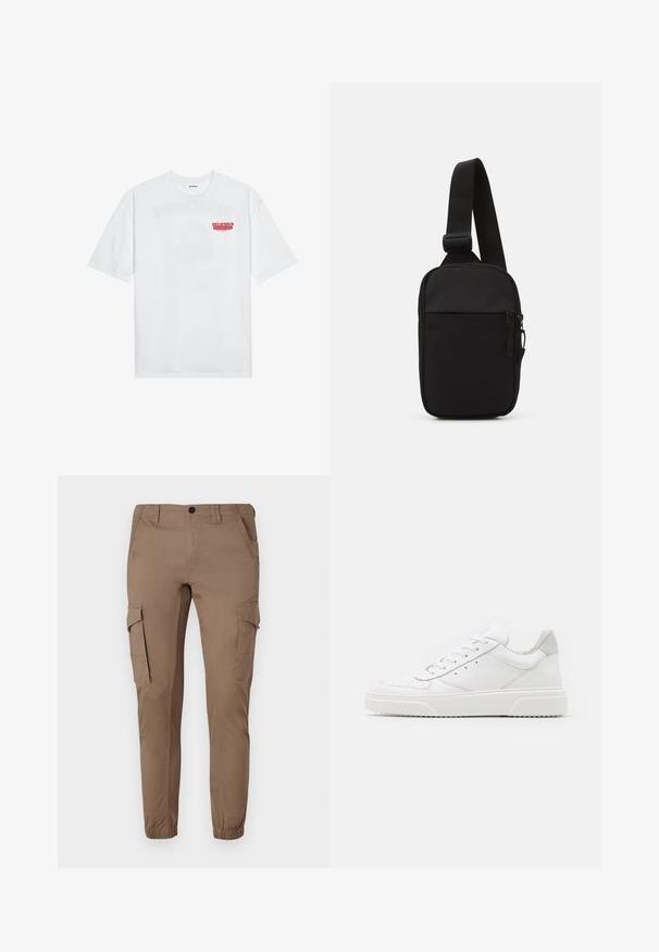 T-shirt en coton blanc avec des manches courtes, col rond et un texte graphique rouge "FRUIT RAFRAÎCHISSANT DÉLICIEUX" à l'avant.; Pantalons cargo marron clair avec des poignets élastiqués, plusieurs poches latérales et une coupe ajustée, confectionnés dans un matériau lisse et durable.; Des baskets en cuir blanc avec une finition lisse, un bout rond, des lacets plats et une semelle texturée. Accents en daim gris au niveau du talon.; Sac bandoulière noir en tissu durable, avec une seule sangle ajustable, un compartiment principal zippé et une poche avant.