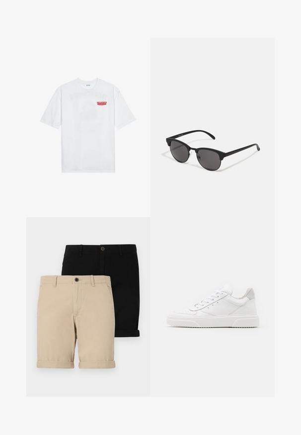 T-shirt bianco in cotone con maniche corte, collo rotondo e una grafica rossa con il testo "FRUTTA DELIZIOSA E RINFRESCANTE" sul davanti.; Due paia di pantaloni corti arrotolati: uno beige e uno nero, realizzati in tessuto liscio, con un bottone frontale e un design classico.; Sneaker bianche in pelle con finitura liscia, punta arrotondata, lacci piatti e suola texturizzata. Accento in suede grigio sul tallone.; Occhiali da sole neri con lenti rotonde, finitura opaca e forma distintiva a occhio di gatto. Astine sottili con un branding discreto sulla tempia sinistra.