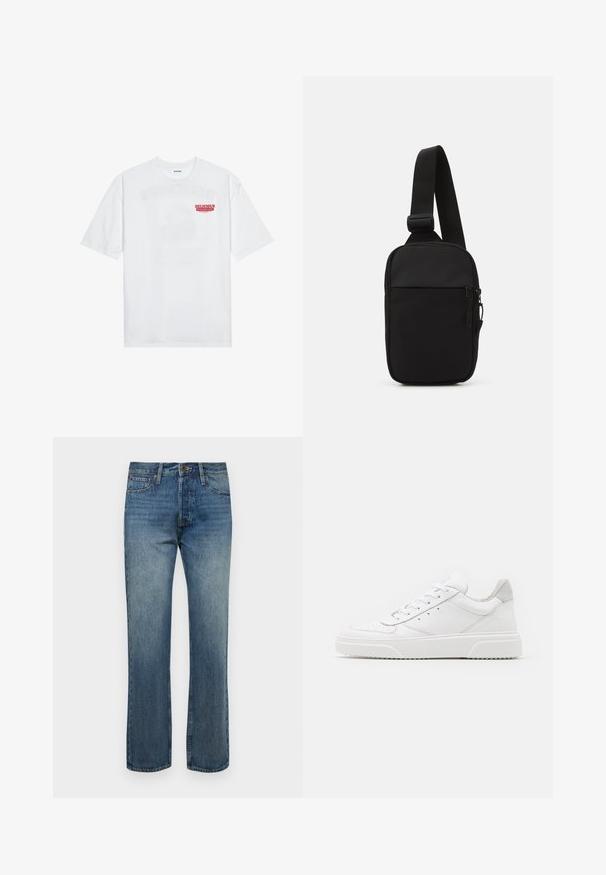 Valge puuvillane T-särk, millel on lühikesed varrukad, ümmargune kaelus ja esiküljel punane graafiline tekst "MAITSVA KONDISIOONIGA PUUVILI".; Meeste sinised teksapüksid sirge säärega, millel on ühe nupuga sulgus, ees olevad taskud ja kerge kulutatud tekstuur.; Valged nahast spordijalatsid siledast nahast viimistlusega, ümarate varvastega, lamekestega ja tekstuuriga tallaga. Hall suede aktsent kanna juures.; Mustmust crossbody kott mustekangast, millel on üks reguleeritav rihm, lukuga põhiosas ja eesmine tasku.