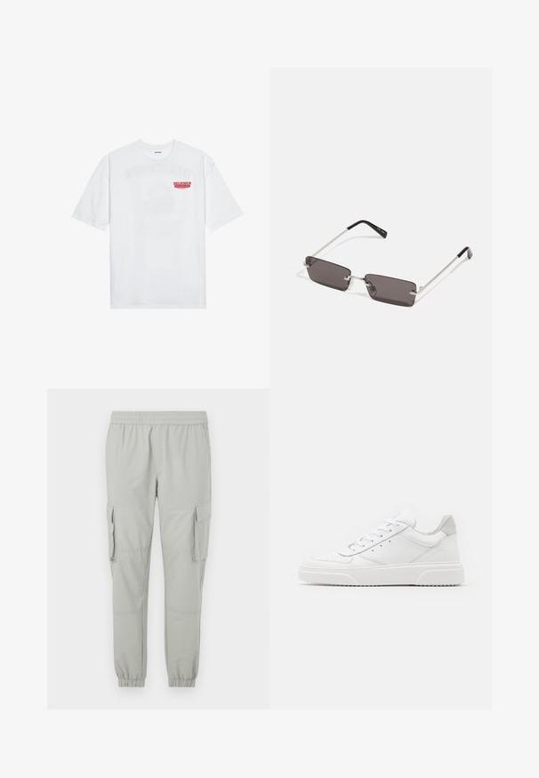 T-shirt branca de algodão com mangas curtas, decote redondo e um gráfico vermelho com o texto "FRUTA DELICIOSA E REFRESCANTE" na frente.; Calças cargo cinza claro com uma cintura elástica, tornozelos afunilados, dois bolsos laterais e dois grandes bolsos cargo laterais. Textura de tecido suave.; Ténis brancos em pele com acabamento suave, biqueira arredondada, atacadores planos e sola texturizada. Acento em camurça cinza na parte do calcanhar.; Óculos de sol com lentes retangulares, cinzentas escuras, armações em metal prateado e pontas em plástico preto nas hastes. Design leve com almofadas para o nariz.