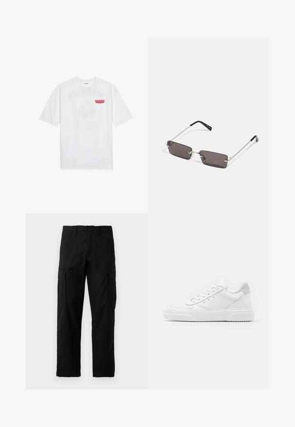 White cotton t-shirt featuring short sleeves, crew neck, and a red graphic text "DELICIOUS REFRESHING FRUIT" on the front.; Black cargo pants made of durable fabric featuring side pockets, a straight cut, and a button closure at the waistband.; White leather sneakers with a smooth finish, rounded toe, flat laces, and a textured sole. Grey suede accent at the heel.; Sunglasses with rectangular, dark grey lenses, silver metal frames, and black plastic tips on the arms. Lightweight design with nose pads.