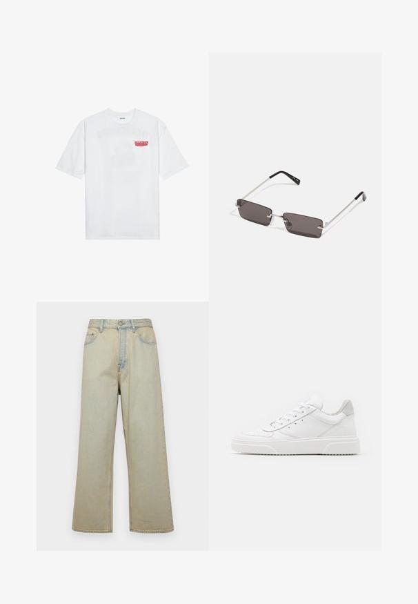 Bela bomba majica iz bombaža z kratkimi rokavi, krožno ovratnikom in rdečim grafičnim besedilom "OKUSNO OSVEŽILNO SADJE" na sprednji strani.; Svijetloplavi traper hlače širokog kroja s izblijedjelim finishom. Ima pet džepova i kopčanje na gumbe sprijeda.; Bele usnjene športne copate z gladkim zaključkom, okroglo konico, ravnimi vezalkami in teksturiranim podplatom. Sivi semiš detajl na peti.; Očala za sonce s pravokotnimi, temno sivimi lečami, srebrnimi kovinskimi okvirji in črnimi plastičnimi konicami na ročajih. Lahka zasnova z nosnimi blazinicami.