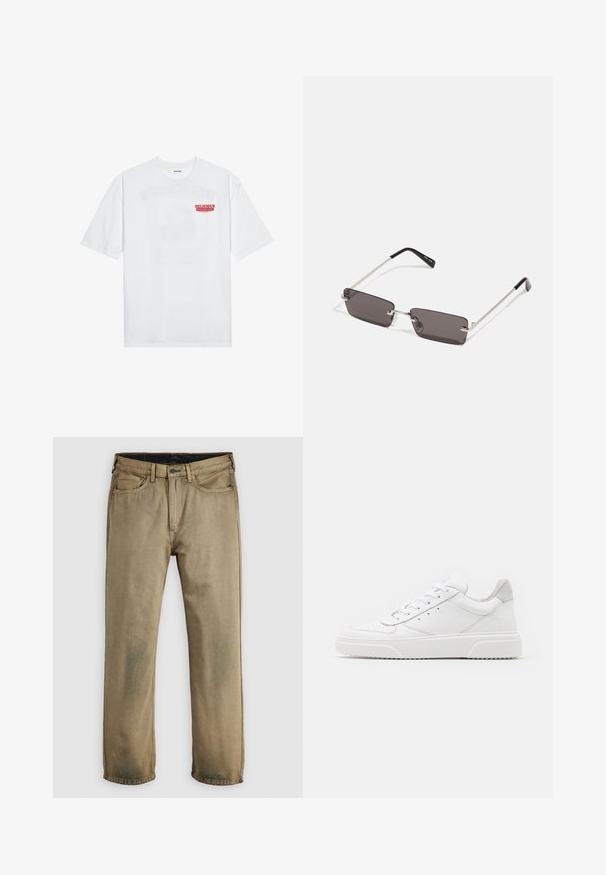 Valge puuvillane T-särk, millel on lühikesed varrukad, ümmargune kaelus ja esiküljel punane graafiline tekst "MAITSVA KONDISIOONIGA PUUVILI".; Khanhi värvi sirgete jalgadega teksapüksid, viie taskuga, nuppluku ja vöökummardustega, asetatuna tasasele valgele taustale.; Valged nahast spordijalatsid siledast nahast viimistlusega, ümarate varvastega, lamekestega ja tekstuuriga tallaga. Hall suede aktsent kanna juures.; Kübarid, millel on ristkülikukujulised, tumedhalli värvi läätsed, hõbedased metallraamid ja mustad plastotsad käeotsades. Kerge disain koos nina padjadega.