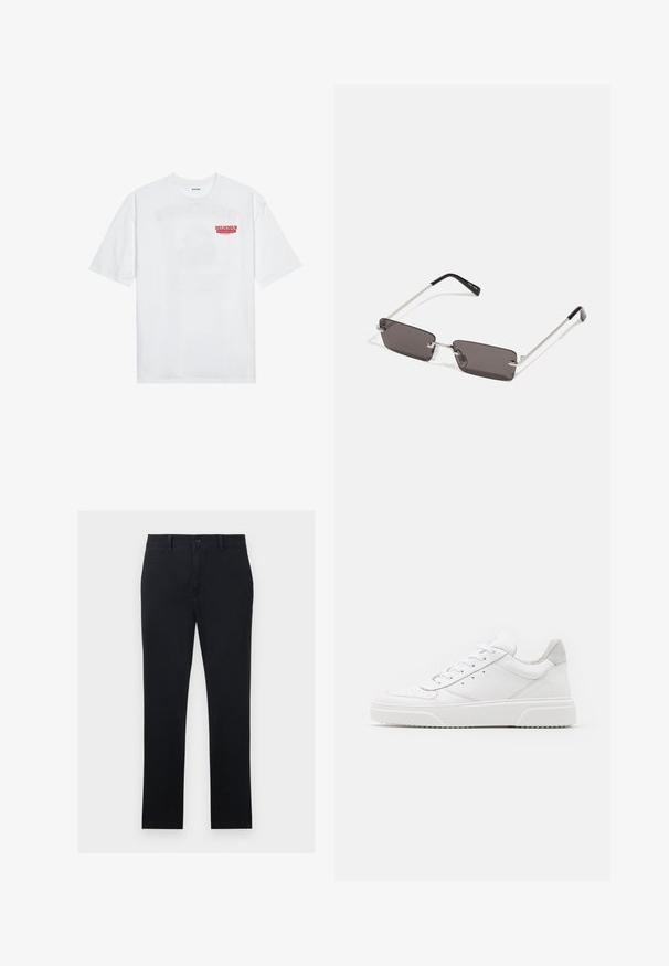 White cotton t-shirt featuring short sleeves, crew neck, and a red graphic text "DELICIOUS REFRESHING FRUIT" on the front.; Black chinos made from cotton fabric, featuring straight legs, a front button closure, and two side pockets. Smooth texture, minimal detailing.; White leather sneakers with a smooth finish, rounded toe, flat laces, and a textured sole. Grey suede accent at the heel.; Sunglasses with rectangular, dark grey lenses, silver metal frames, and black plastic tips on the arms. Lightweight design with nose pads.