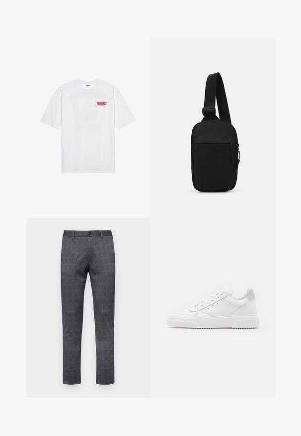 Biele bavlnené tričko s krátkymi rukávmi, okrúhlym výstrihom a červeným grafickým textom "CHUTNÉ OSVIEŽUJÚCE OVOCIE" na prednej strane.; Sivé kockované nohavice s úzkym strihom, s gombíkovým zapínaním, pútkom na opasok a textúrovanou tkaninou.; Biele kožené tenisky s hladkým povrchom, zaoblenou špičkou, plochými šnúrkami a textúrovanou podrážkou. Sivý semišový akcent na päte.; Čierna crossbody taška vyrobená z odolnej tkaniny, s jedným nastaviteľným popruhom, so zipsom na hlavnej priehradke a prednou kapsou.