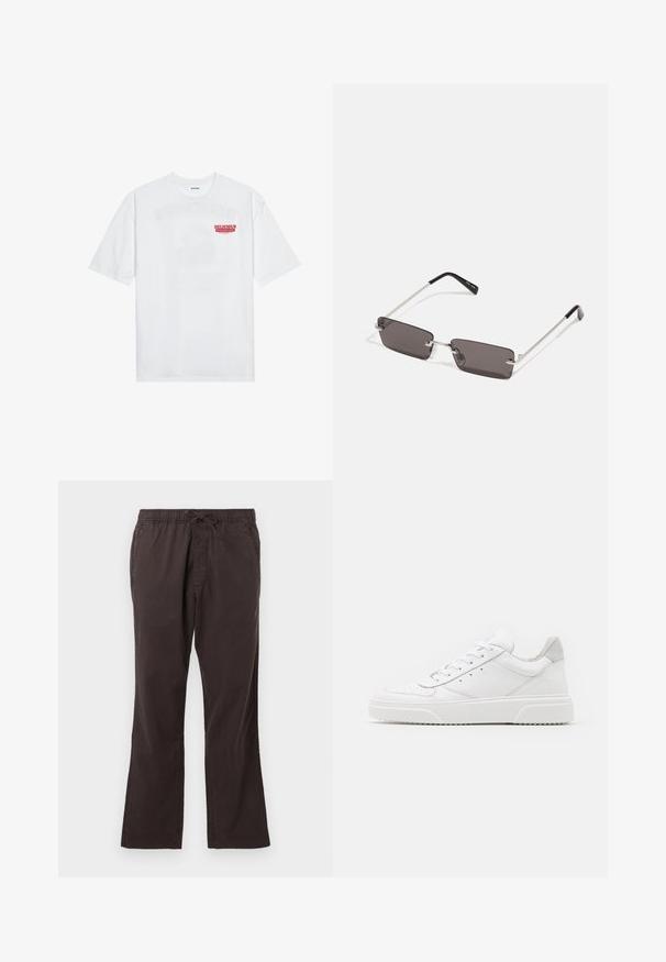 White cotton t-shirt featuring short sleeves, crew neck, and a red graphic text "DELICIOUS REFRESHING FRUIT" on the front.; Dark brown elastic waist pants with a drawstring, featuring a straight leg design and smooth, textured fabric.; White leather sneakers with a smooth finish, rounded toe, flat laces, and a textured sole. Grey suede accent at the heel.; Sunglasses with rectangular, dark grey lenses, silver metal frames, and black plastic tips on the arms. Lightweight design with nose pads.