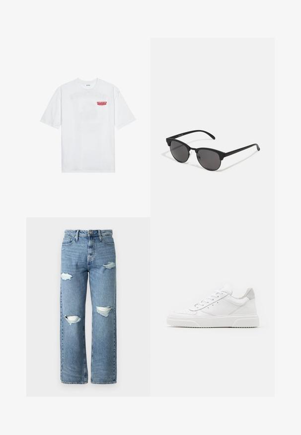 T-shirt en coton blanc avec des manches courtes, col rond et un texte graphique rouge "FRUIT RAFRAÎCHISSANT DÉLICIEUX" à l'avant.; Jeans en denim bleu clair avec une taille haute, coupe ample, comportant deux déchirures aux genoux et un design classique à cinq poches.; Des baskets en cuir blanc avec une finition lisse, un bout rond, des lacets plats et une semelle texturée. Accents en daim gris au niveau du talon.; Lunettes de soleil noires avec des verres ronds, finition mate et une forme distinctive en œil de chat. Monture fine avec un logo discret sur la branche gauche.