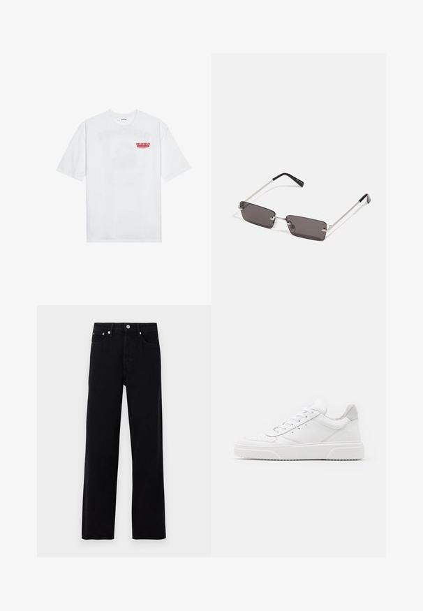 T-shirt en coton blanc avec des manches courtes, col rond et un texte graphique rouge "FRUIT RAFRAÎCHISSANT DÉLICIEUX" à l'avant.; Only & Sons ONSFADE LOOSE BOX - Jean large - washed black; Des baskets en cuir blanc avec une finition lisse, un bout rond, des lacets plats et une semelle texturée. Accents en daim gris au niveau du talon.; Lunettes de soleil avec des verres rectangulaires gris foncé, des montures en métal argenté et des embouts en plastique noir sur les branches. Conception légère avec des plaquettes de nez.