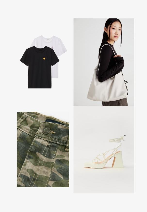 T-shirt in bianco e nero, girocollo, maniche corte. La maglietta nera presenta un ricamo di sole giallo; quella bianca ha un accento di luna crescente viola.; Tessuto a fantasia mimetica con tonalità di verde e beige, caratteristiche cuciture visibili, un bottone metallico e una texture liscia.; Sandalo bianco con tacco alto, caratterizzato da un design a cinturini e un legaccio alla caviglia. Texture liscia con una piattaforma frontale per un'altezza aggiuntiva.; Borsa a mano beige realizzata in materiale morbido, caratterizzata da un design morbido, dettagli cuciti e due manici. Adatta per l'uso quotidiano.